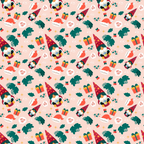 Festive pattern with Santa hats, gnomes, presents, holly leaves, and stars on a light pink background.