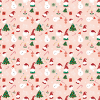 Festive pattern with snowmen, Santa, Christmas trees, ornaments, candy canes, and gifts on a pink background.