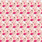 Pattern of cute bunnies wearing striped hats with bows, eggs, and candy on a pink background.
