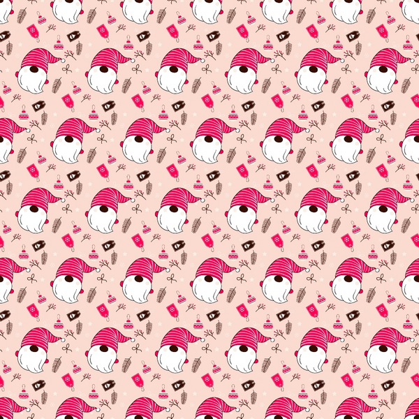 Pattern of cute bunnies wearing striped hats with bows, eggs, and candy on a pink background.