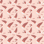 Patterned image with red and white striped Santa hats, berries, and abstract shapes on a light pink background.