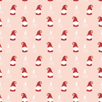 Repeating pattern of red and white Santa hats with Merry Christmas text on a light pink background.