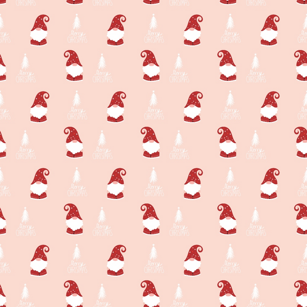 Repeating pattern of red and white Santa hats with Merry Christmas text on a light pink background.