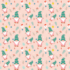 Pattern of gnomes with green hats, alongside holiday ornaments, Santa faces, and festive foliage on a pink background.