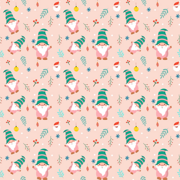 Pattern of gnomes with green hats, alongside holiday ornaments, Santa faces, and festive foliage on a pink background.