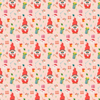 Festive pattern with Santa Claus faces, candy canes, Christmas trees, and various gift boxes on a light pink background.
