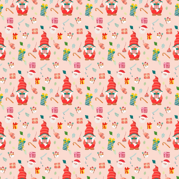 Festive pattern with Santa Claus faces, candy canes, Christmas trees, and various gift boxes on a light pink background.