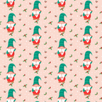 Pattern of smiling gnomes in red with green hats and white beards, holding gifts, on a light pink background with holly and berries.
