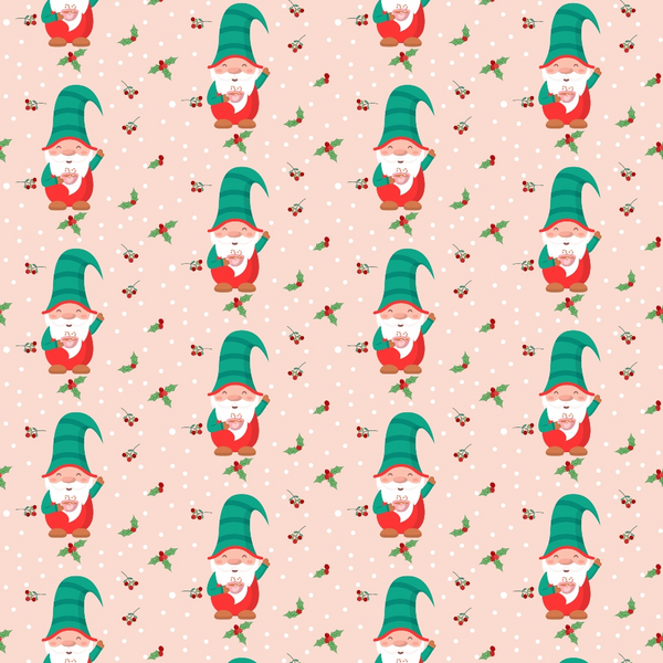 Pattern of smiling gnomes in red with green hats and white beards, holding gifts, on a light pink background with holly and berries.