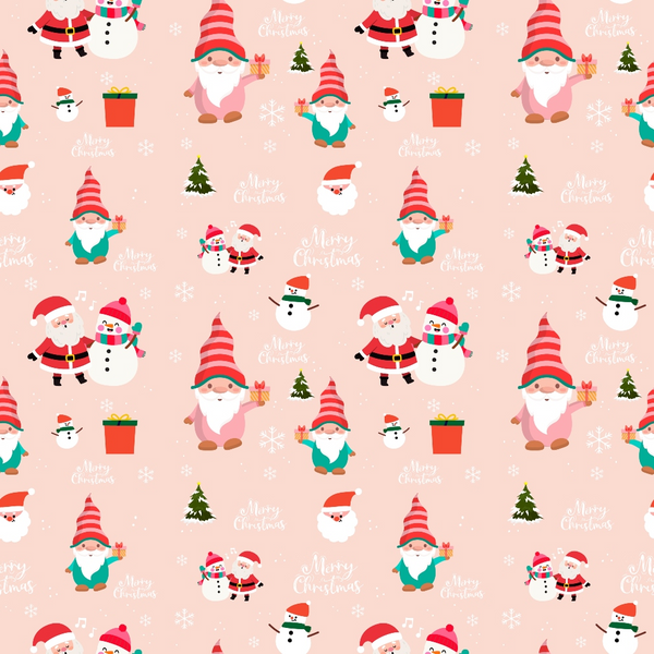 Festive Christmas pattern featuring Santas, snowmen, gnomes, Christmas trees, gift boxes, and snowflakes on a pink background.