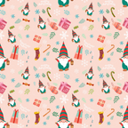 Festive pattern with elves, gifts, candy canes, stockings, snowflakes, and Merry Christmas text on a pale pink background.