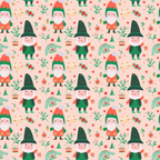 Festive pattern featuring gnomes wearing hats, along with Christmas trees, gifts, candy canes, and holiday decorations, set against a light pink background.