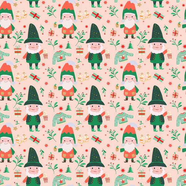 Festive pattern featuring gnomes wearing hats, along with Christmas trees, gifts, candy canes, and holiday decorations, set against a light pink background.