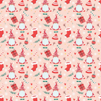 Festive pattern with gnomes, candy canes, gifts, stockings, ornaments, and snowflakes on a pink background.