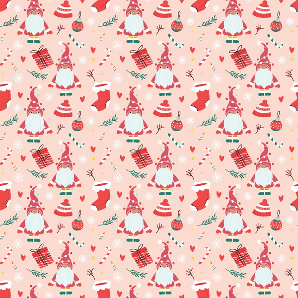 Festive pattern with gnomes, candy canes, gifts, stockings, ornaments, and snowflakes on a pink background.