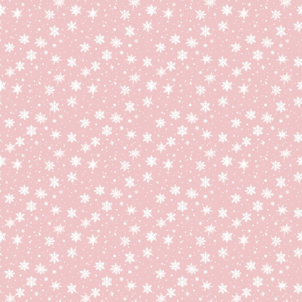 A light pink background with a repeating pattern of white snowflakes.
