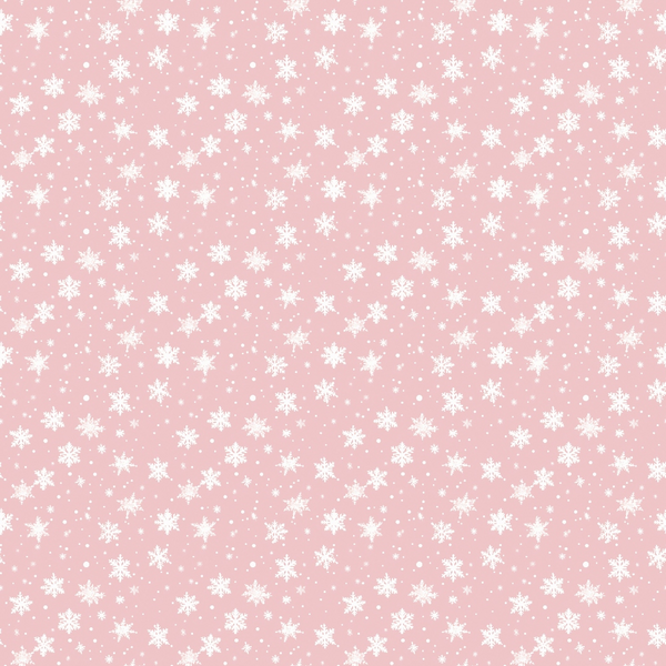 A light pink background with a repeating pattern of white snowflakes.