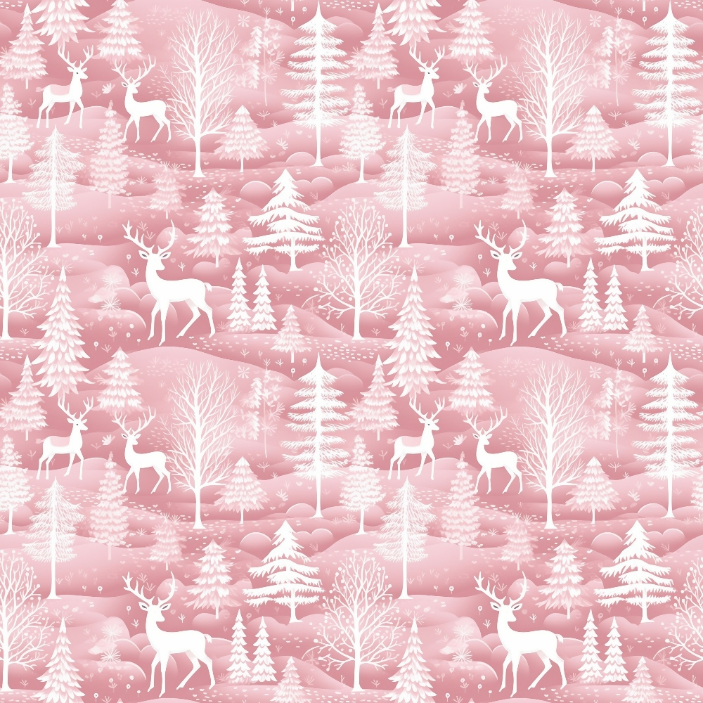 Seamless pink and white winter pattern featuring deer, snow-covered trees, and hills.