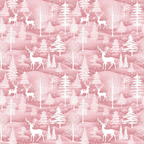 Seamless pink and white winter pattern featuring deer, snow-covered trees, and hills.