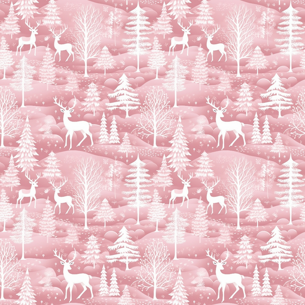 Seamless pink and white winter pattern featuring deer, snow-covered trees, and hills.