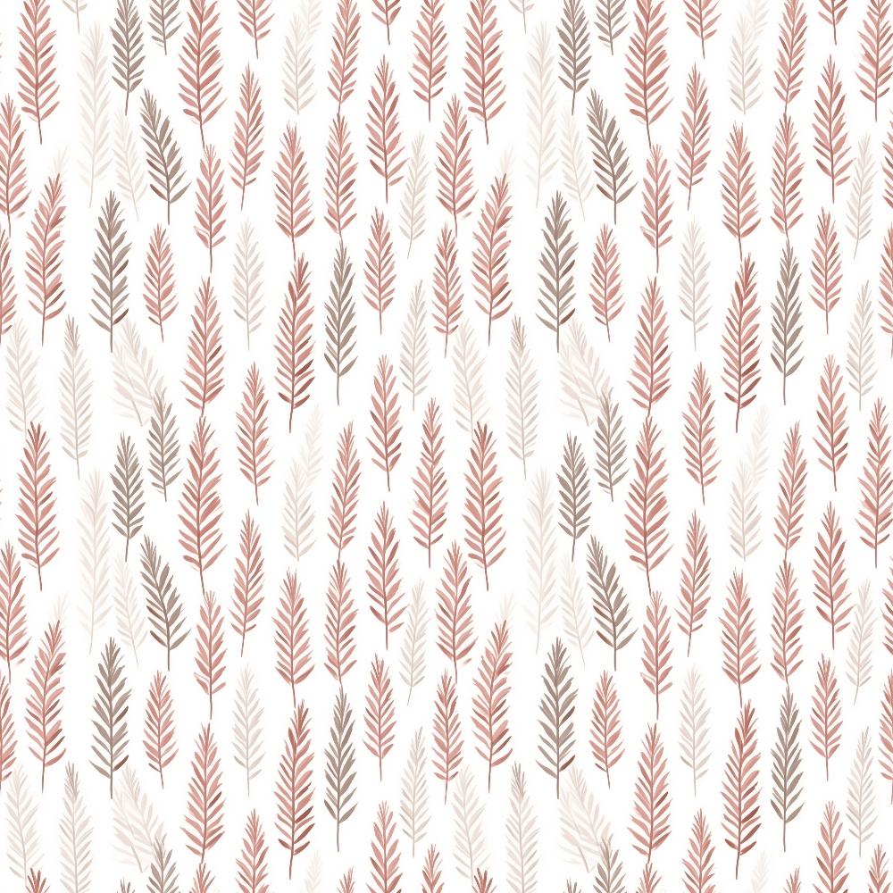 Pattern of brown and red fern leaves arranged vertically on a white background.