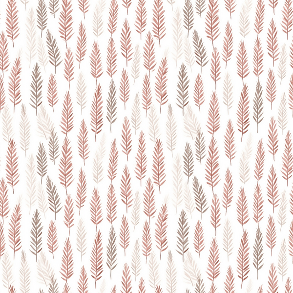 Pattern of brown and red fern leaves arranged vertically on a white background.