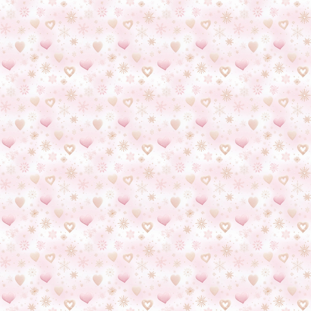 Pink pattern with hearts and snowflakes, featuring a pale design with repeating elements.