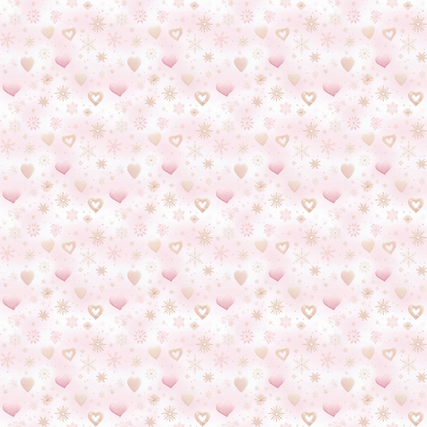 Pink pattern with hearts and snowflakes, featuring a pale design with repeating elements.