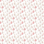 Pattern of festive pink and gold ornaments, candles, and leaves on a light background.