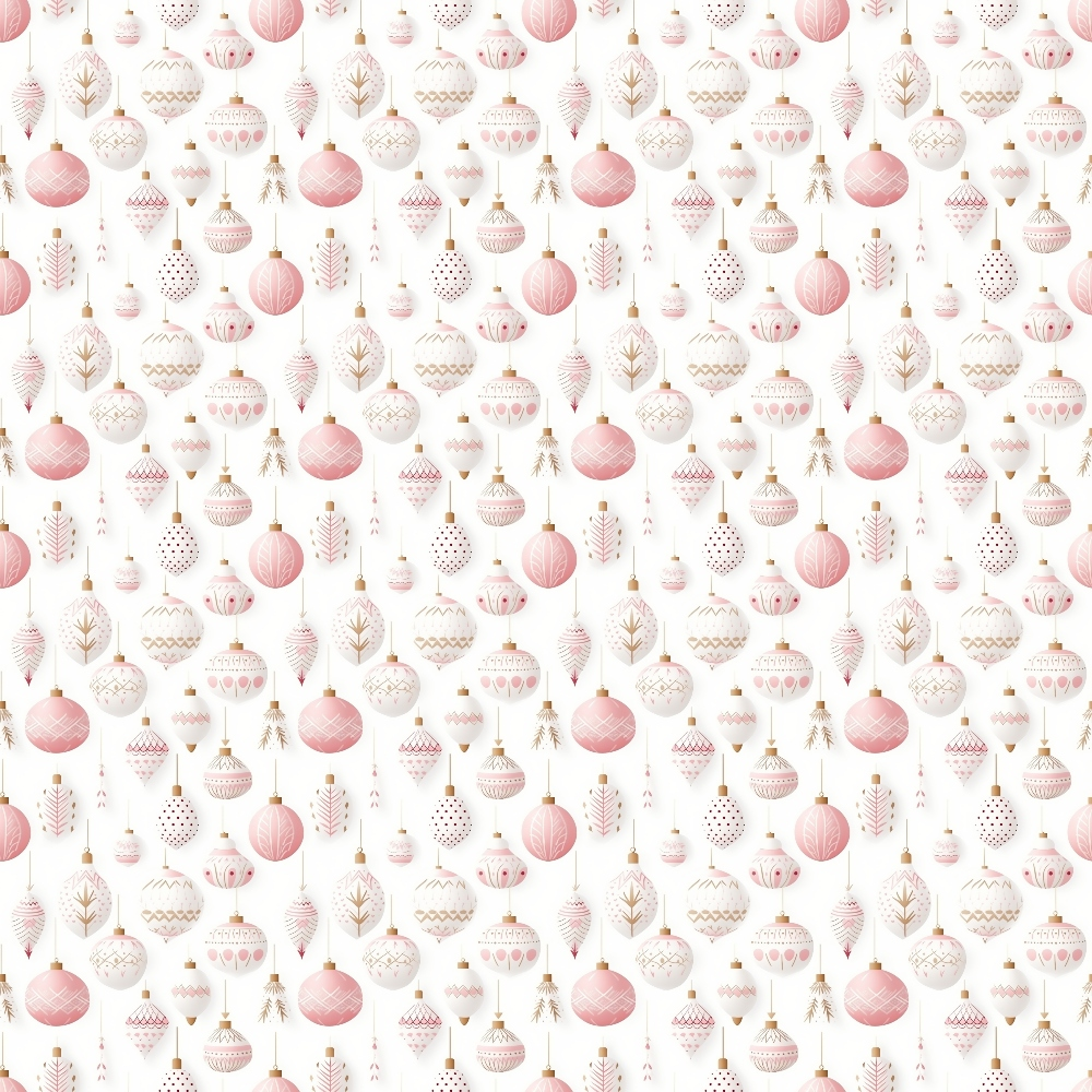 Pattern of festive pink and gold ornaments, candles, and leaves on a light background.
