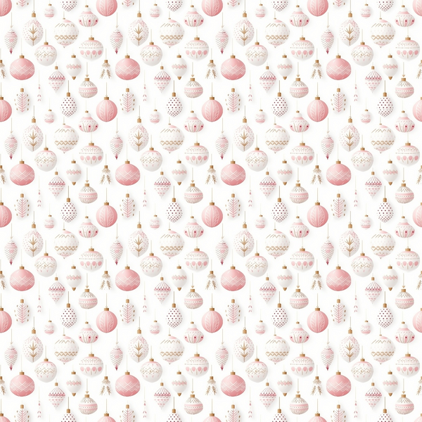 Pattern of festive pink and gold ornaments, candles, and leaves on a light background.