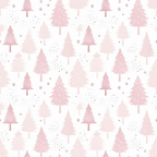 Pattern of pink Christmas trees with scattered snowflakes on a white background.