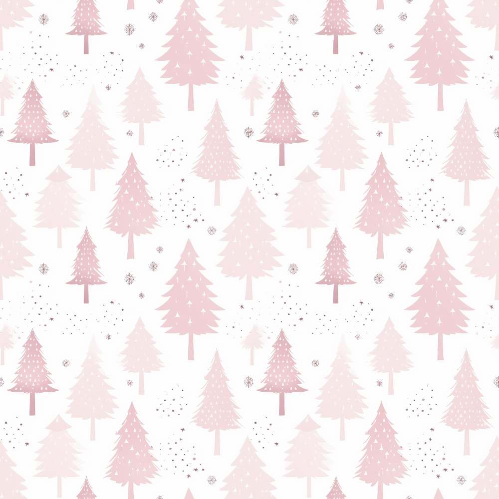 Pattern of pink Christmas trees with scattered snowflakes on a white background.