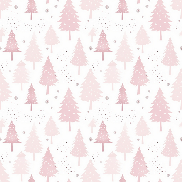 Pattern of pink Christmas trees with scattered snowflakes on a white background.