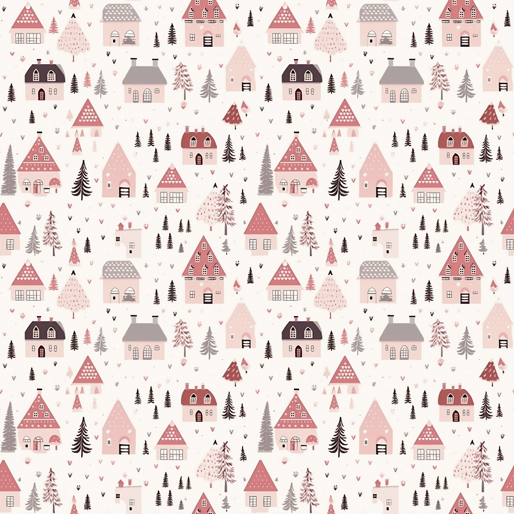 Pattern of small, stylized houses and trees in shades of pink, red, and gray on a light background.