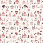 Pattern of small, stylized houses and trees in shades of pink, red, and gray on a light background.