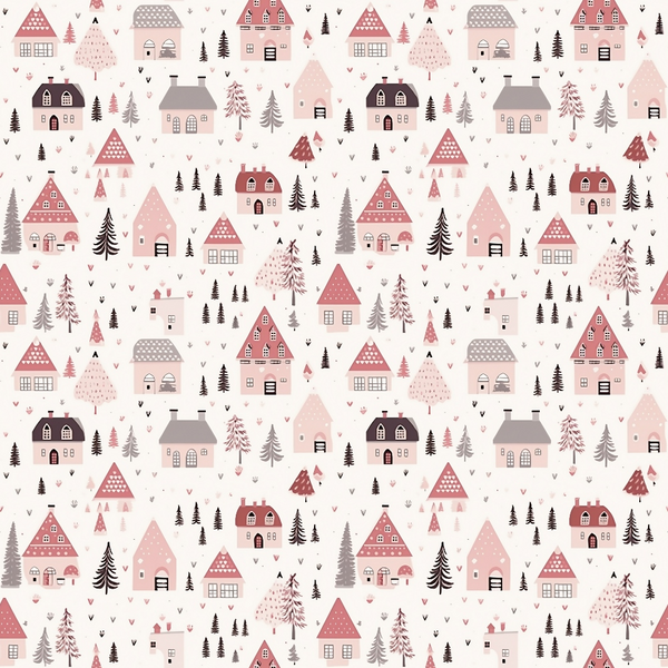 Pattern of small, stylized houses and trees in shades of pink, red, and gray on a light background.
