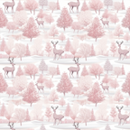 Pattern of pink deer and trees with snowy cottages in a winter landscape.