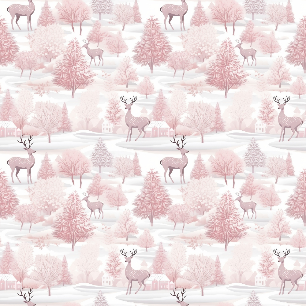 Pattern of pink deer and trees with snowy cottages in a winter landscape.