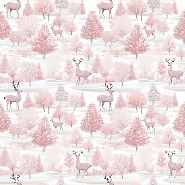 Pattern of pink deer and trees with snowy cottages in a winter landscape.