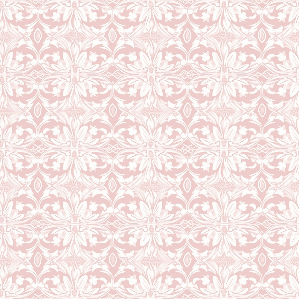 A pale pink and white floral damask pattern, featuring symmetrical designs of leaves and flowers.