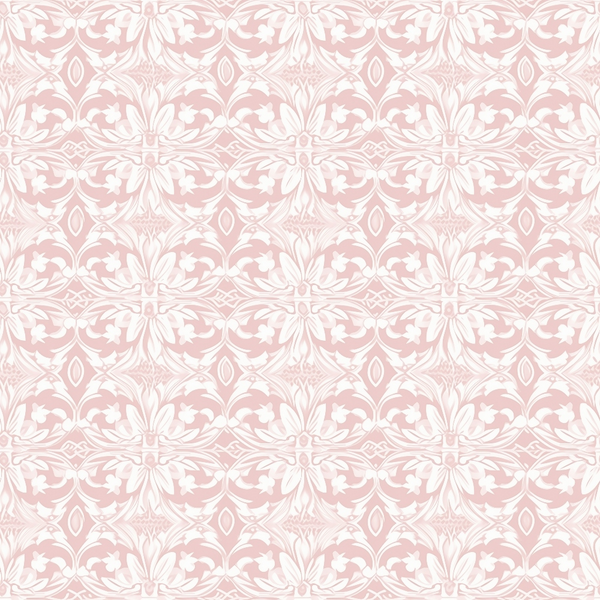 A pale pink and white floral damask pattern, featuring symmetrical designs of leaves and flowers.