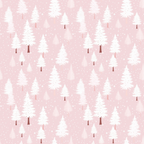 Pattern of white pine trees on a light pink background with small white dots resembling snow.