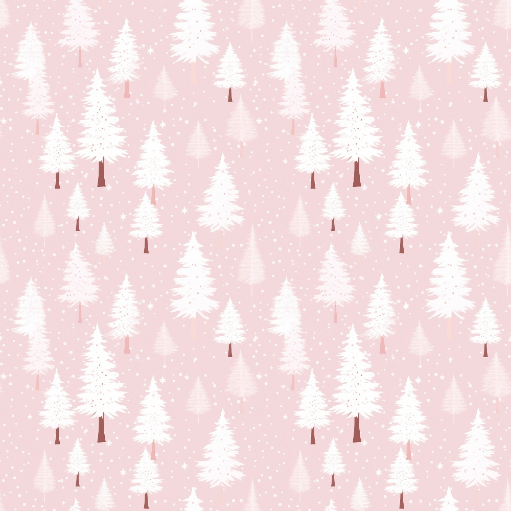 Pattern of white pine trees on a light pink background with small white dots resembling snow.