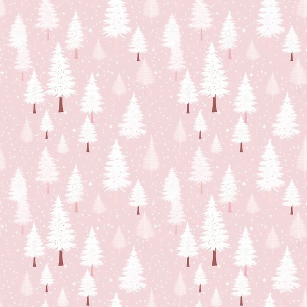 Pattern of white pine trees on a light pink background with small white dots resembling snow.