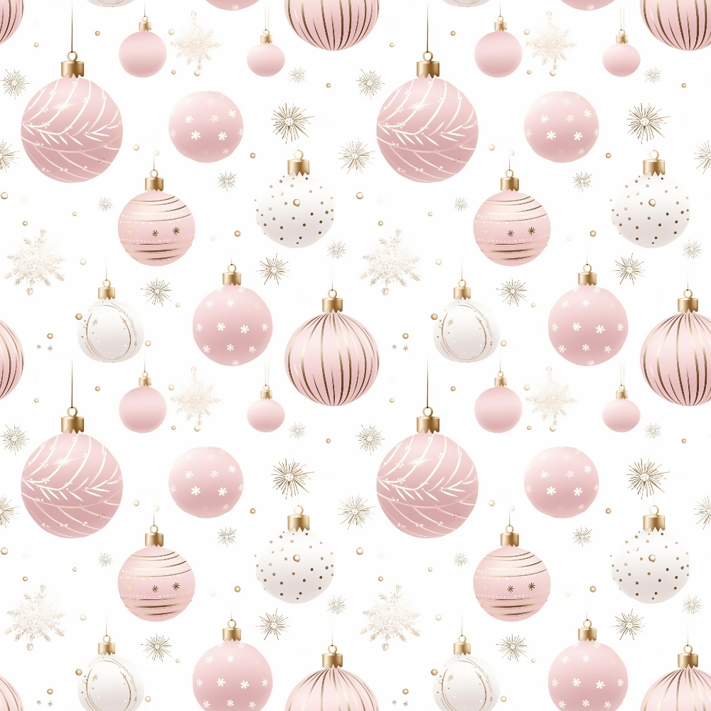 Pattern of pink, white, and gold Christmas ornaments with snowflakes on a white background.