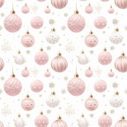 Pattern of pink, white, and gold Christmas ornaments with snowflakes on a white background.