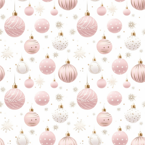 Pattern of pink, white, and gold Christmas ornaments with snowflakes on a white background.