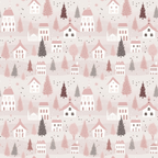 Pattern of quaint houses, trees, and stars in pastel shades of pink, white, and gray against a light background.