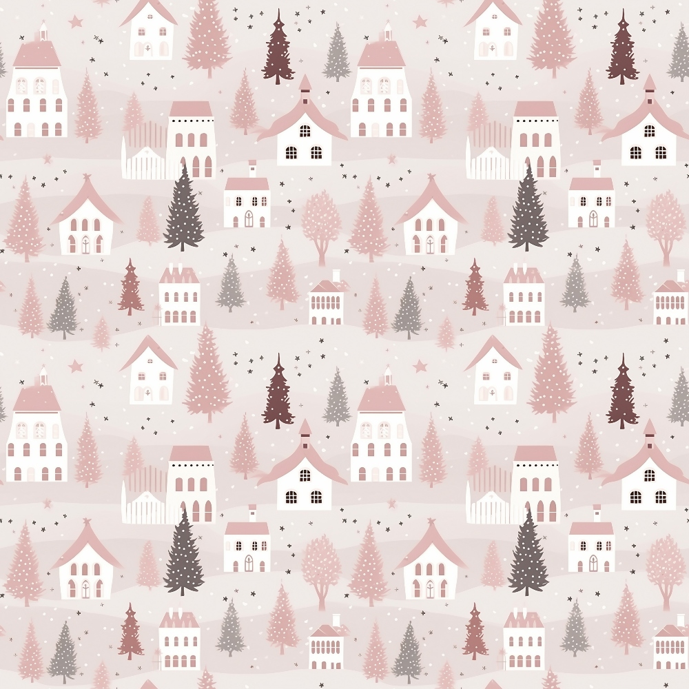 Pattern of quaint houses, trees, and stars in pastel shades of pink, white, and gray against a light background.